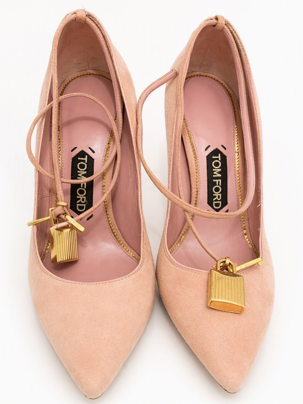 Tom Ford Pink Suede Pointed-Toe Pumps with Gold Padlock Charms